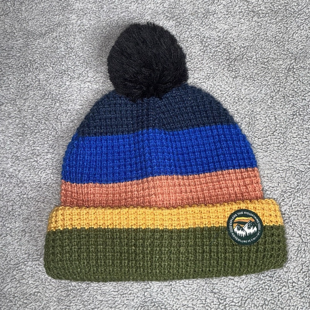 Explore The Mountains Beanie Cuffed Waffle‎ Knit Winter Fleece Lined Pom Hat